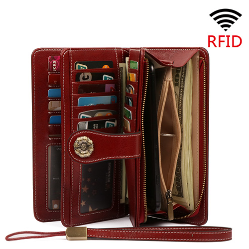 Pearl Angeli RFID Blocking Women Clutch Wallet Genuine Leather Long Wristlet Wallet Ladies Purse Credit Card Holder Coin Money Organizer