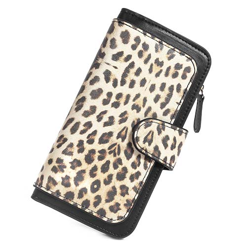 Pearl Angeli Wallets for Women RFID Trifold Clutch Fashion PU Leather Long Purse Ladies Credit Card Holder(Lepoard Black)