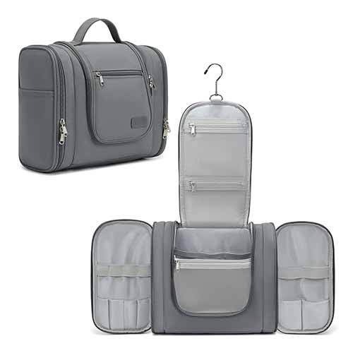 Pearl Angeli Hanging Toiletry Bag for Women and Men, Large Makeup Cosmetic Bag, Water Resistant Toiletries Travel Essentials Organizer, Full-size Container, Grey