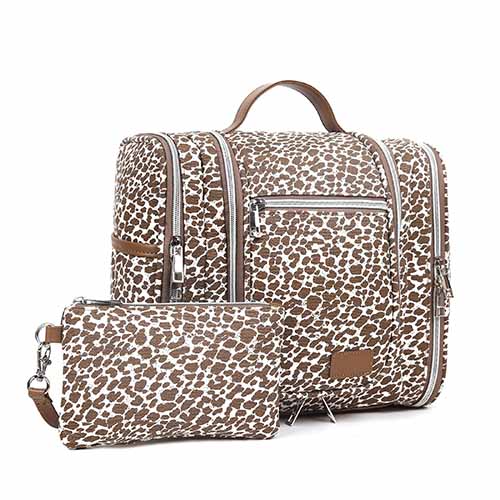 Pearl Angeli Hanging Toiletry Bag for Women, Large Makeup Cosmetic Bag, Water Resistant Toiletries Travel Essentials Organizer, Full-size Container, Khaki Lepoard