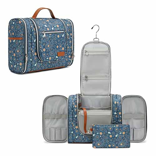 Pearl Angeli Hanging Toiletry Bag for Women, Large Makeup Cosmetic Bag, Water Resistant Toiletries Travel Essentials Organizer, Full-size Container, Blue Paisley Floral