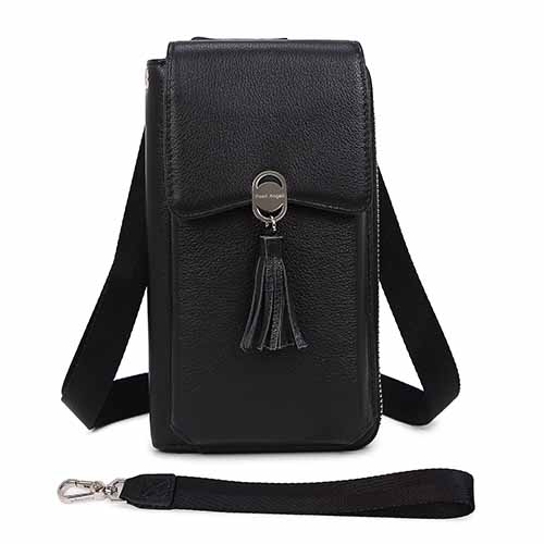 Pearl Angeli Small Crossbody Bags for Women Leather Phone Purse RFID Credit Cards Wallet with Adjustable Strap Black