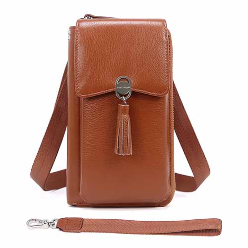 Pearl Angeli Weiches Echtes Leder Handy Umhängetasche - Handytasche Geldbörse Damen RFID Schutz kleine Crossbody Tasche (Braun)